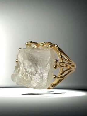 18k Gold Plated Chunky Genuine Quartz Crystal Branch Set Statement Ring